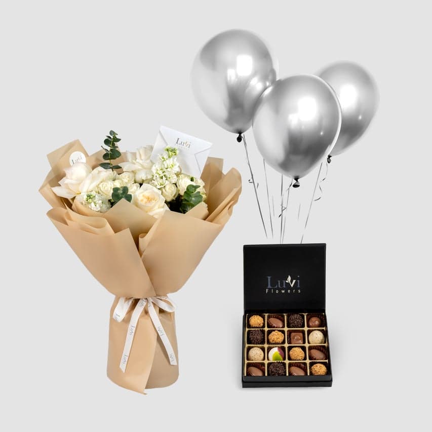 باقة بتلات بيضاء مع شوكولاتة شوكولا صغيرة (16 قطعة).