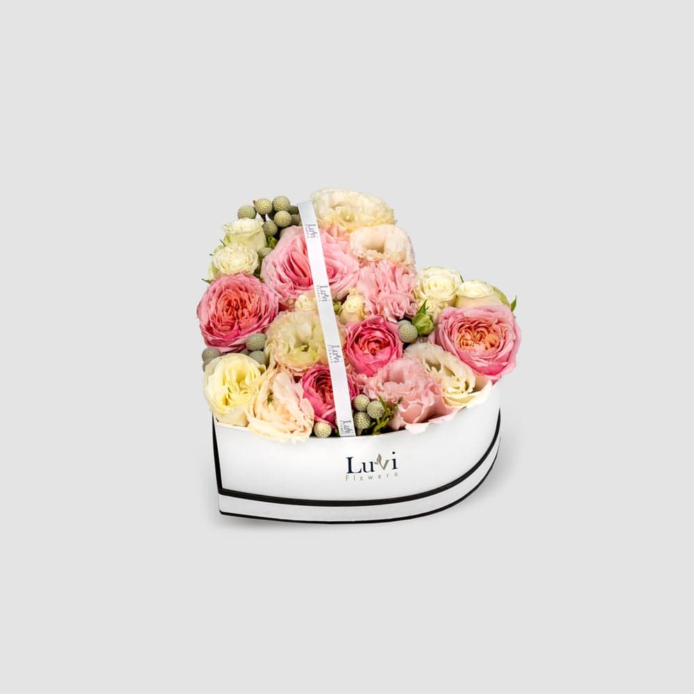  Mama’s Love – Pink O’hara roses, lisianthus, and carnations in a heart-shaped box. thumbnail