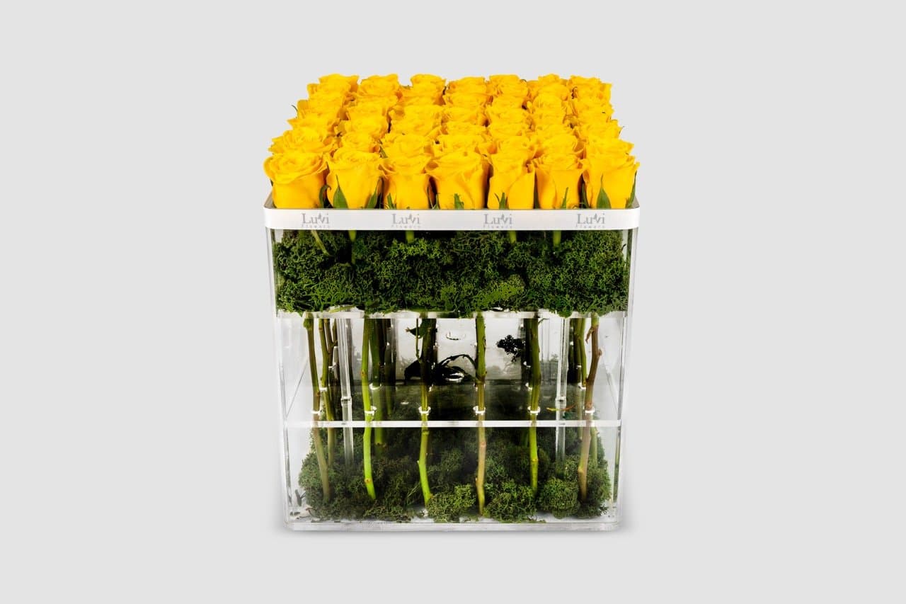 Large Cheery Yellow in Quadrate Box arrangement with yellow roses	