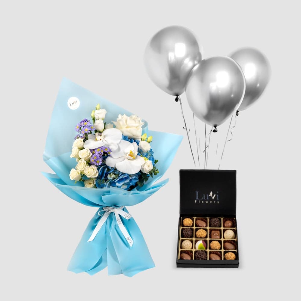 Blue and white flower bouquet with Chocolala chocolate and balloons thumbnail