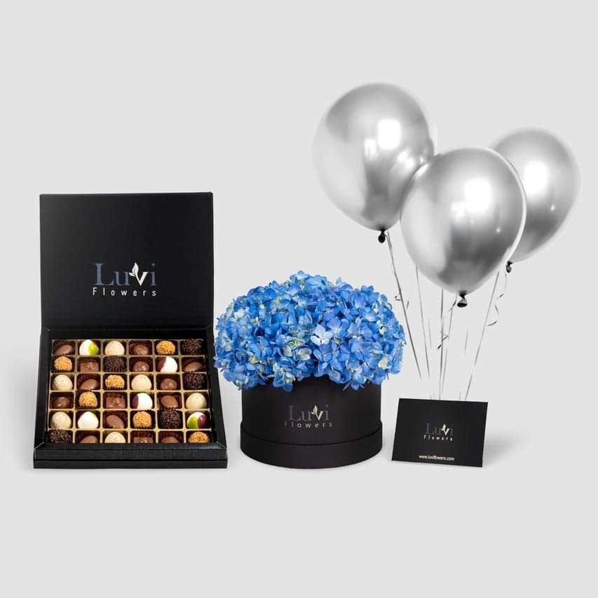 Sweet Hydrangea & Chocolate Bundle with blue hydrangeas and large Chocolala chocolate.