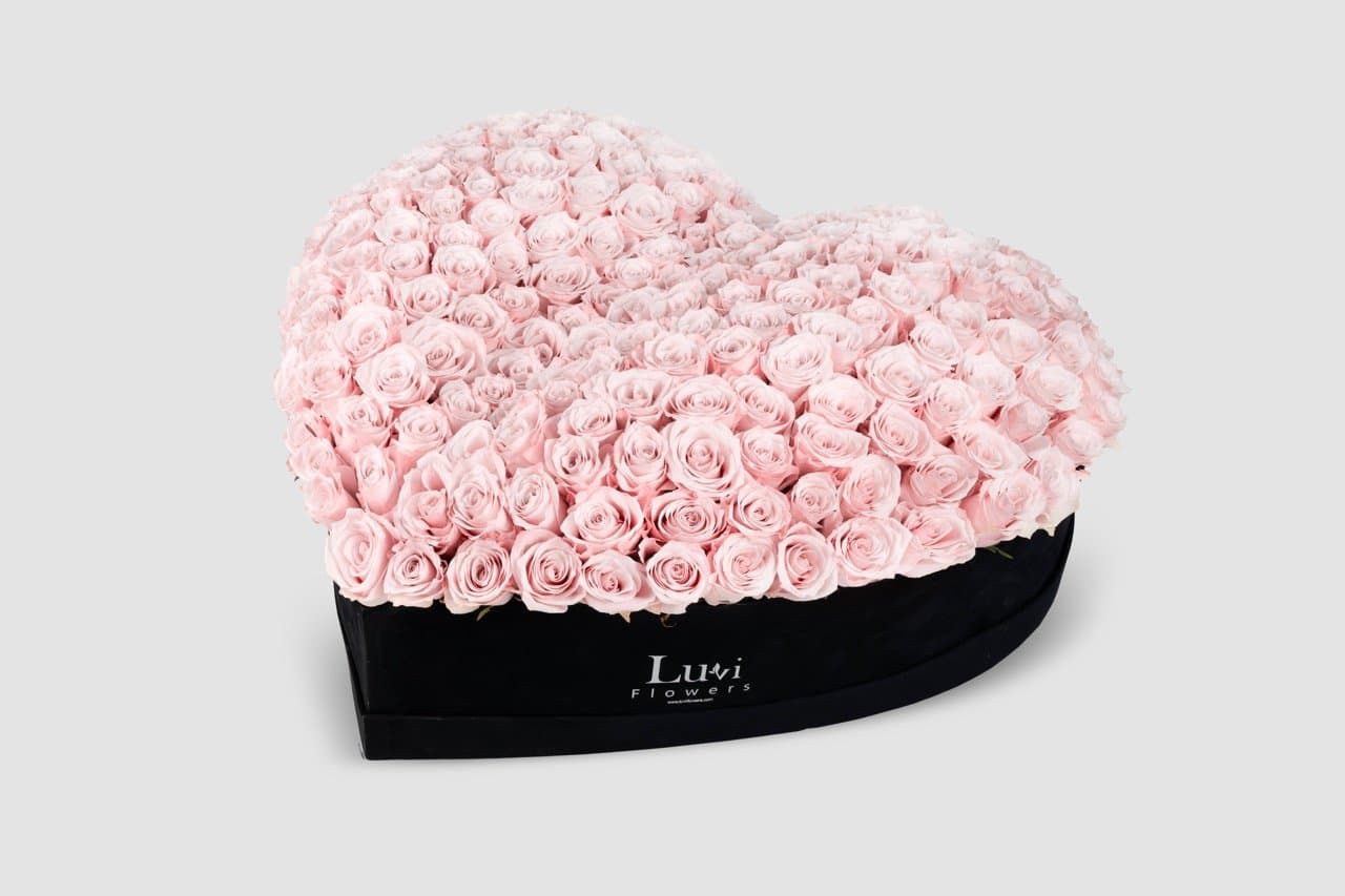 تنسيق قلب الحلاوة كبير الحجم مع ورود وردية فاتحة