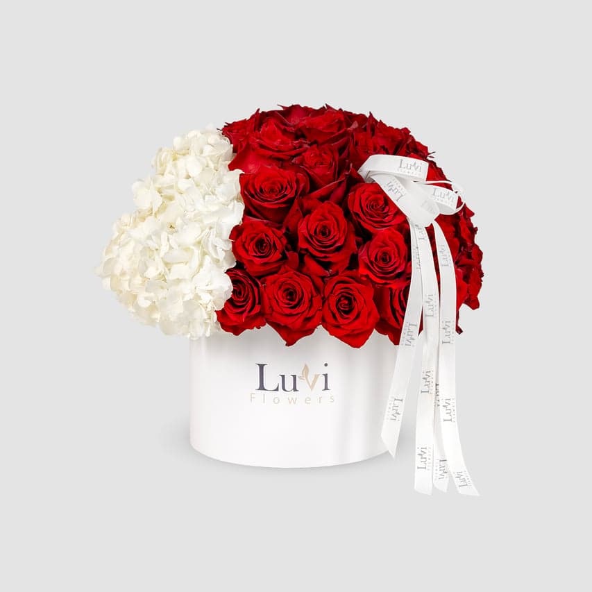  Medium Valentine Bliss box arrangement with white hydrangeas and red roses