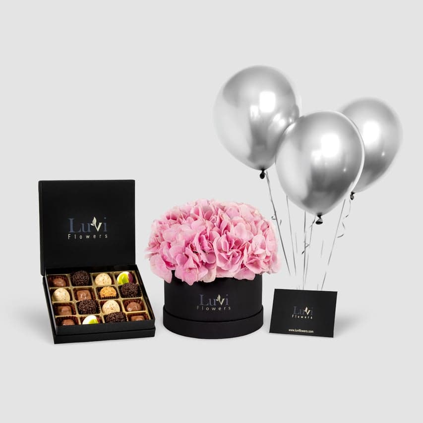 Sweet Hydrangea & Chocolate Bundle with pink hydrangeas and small Chocolala chocolate. 