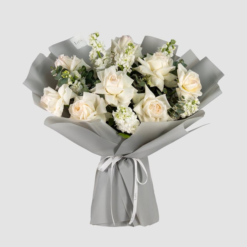 Get Well Wishes bouquet featuring white Ohara roses, white matthiola, and eucalyptus	