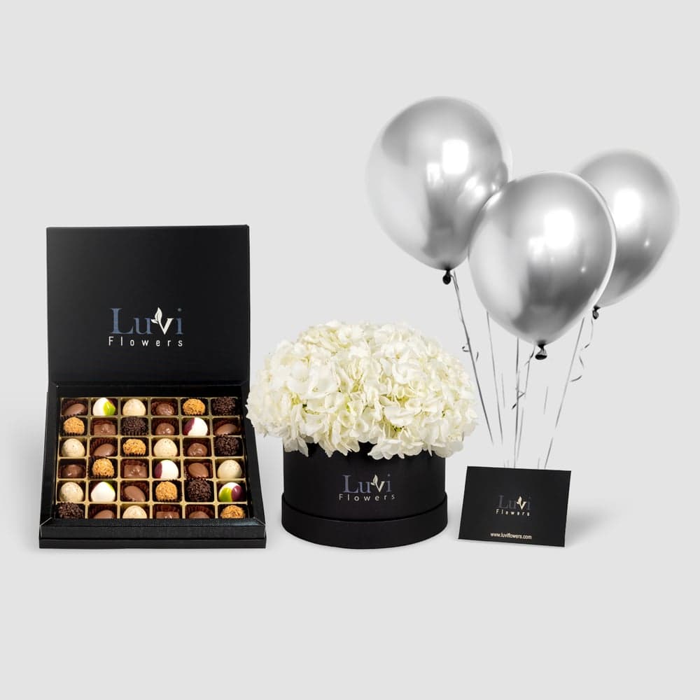  Sweet Hydrangea & Chocolate Bundle with white hydrangeas and large Chocolala chocolate.