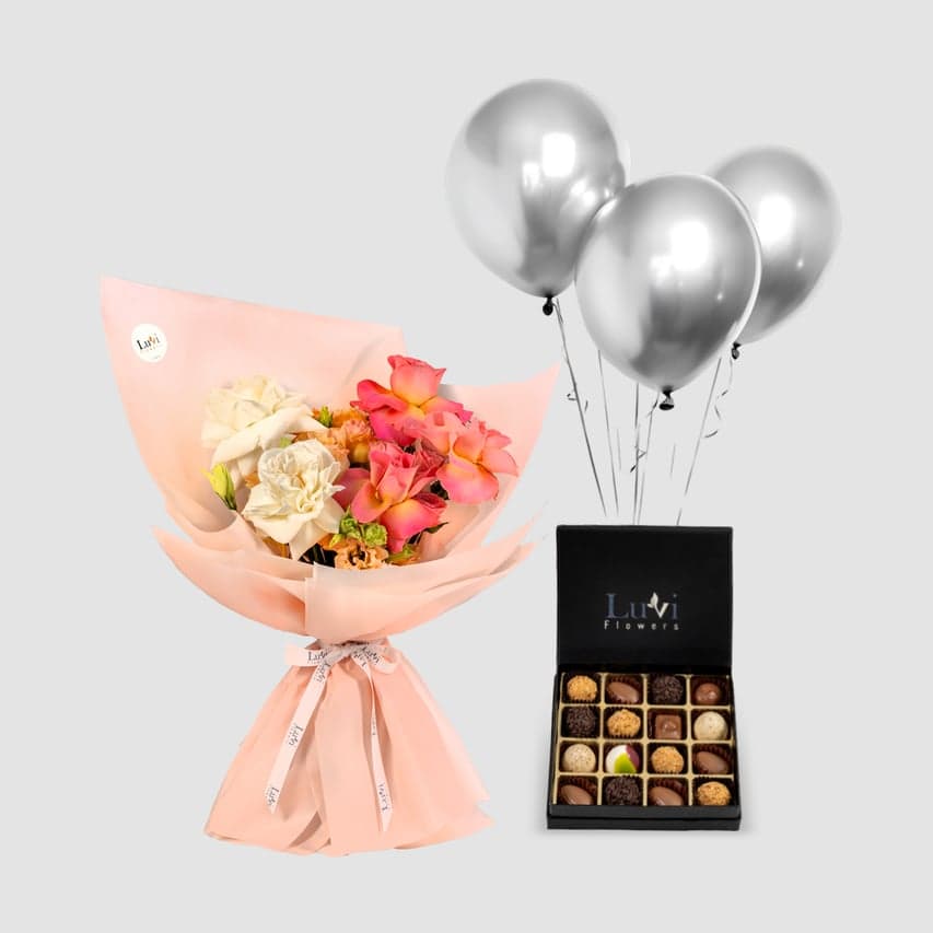 باقة زهور أنيقة مع شوكولاتة شوكولا وبطاقة رسالة