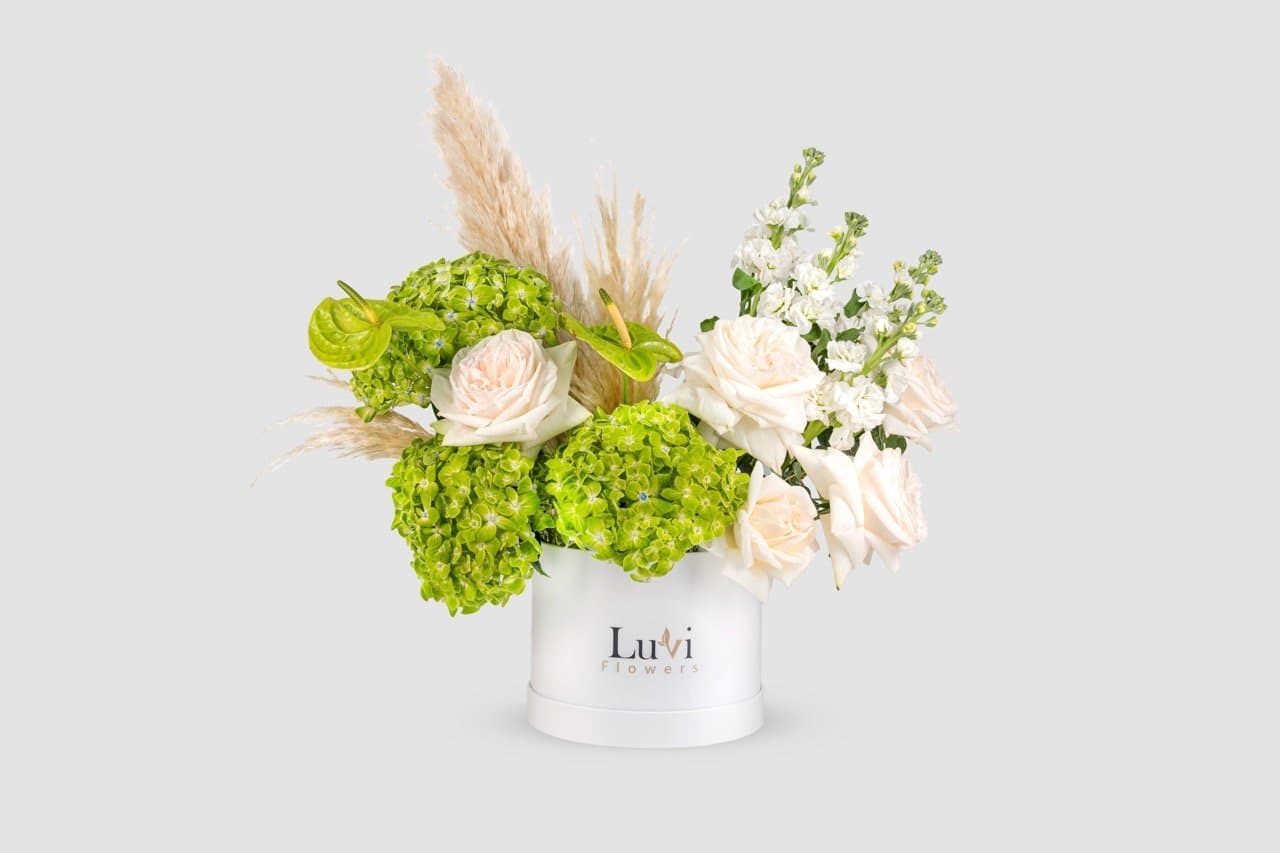 Medium Blissful Box arrangement with green and white flowers	