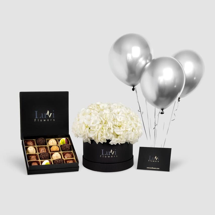 Sweet Hydrangea & Chocolate Bundle with white hydrangeas and small Chocolala chocolate.