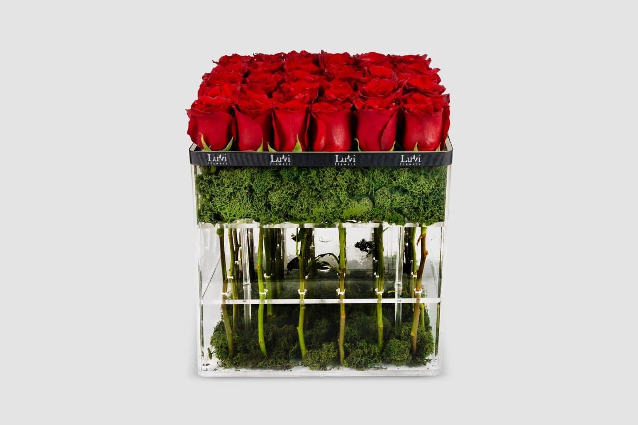 تنسيق الأحمر الرومانسي الكبير في صندوق مربع مع ورود حمراء