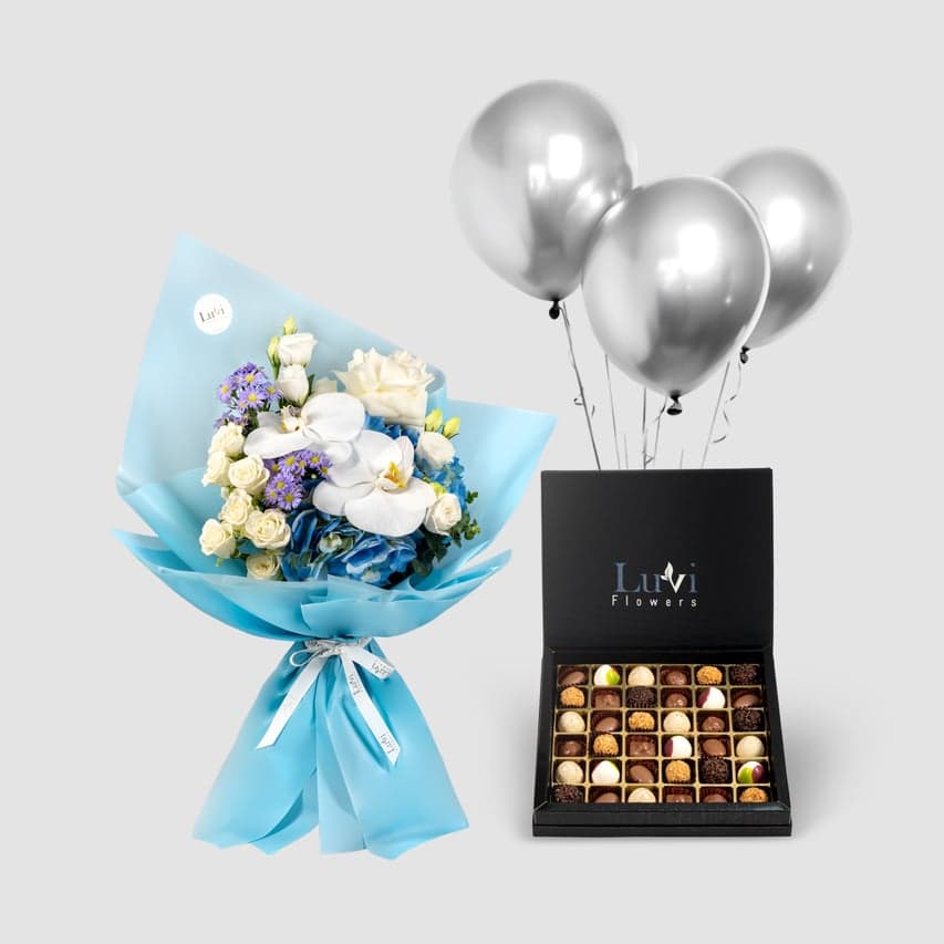  Blue and white flower bouquet with Chocolala chocolate and balloons