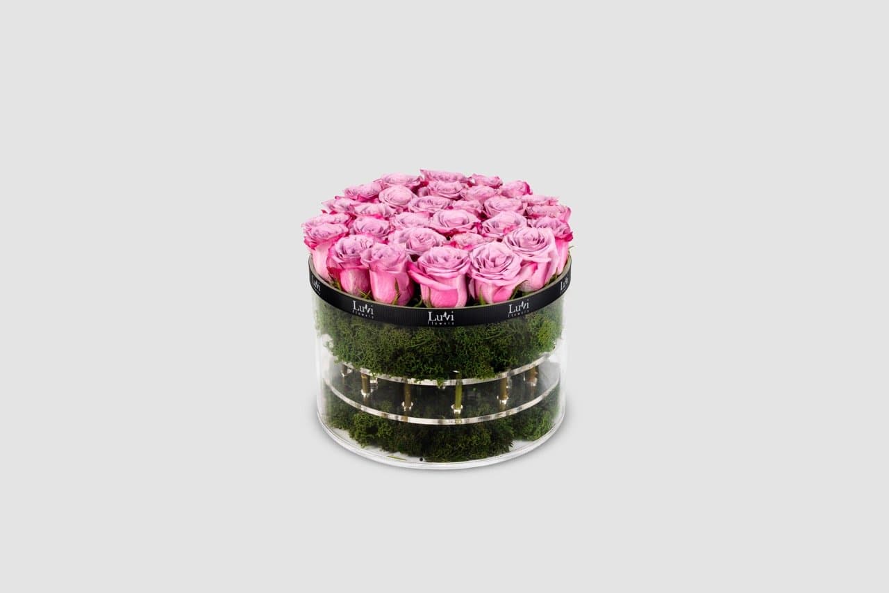 Medium Deep Purple in Cylindrical Box arrangement with purple roses	