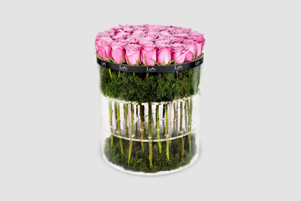 Large Deep Purple in Cylindrical Box arrangement with purple roses	